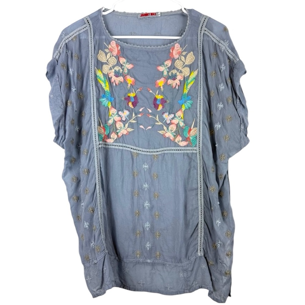 Johnny Was Blue Embroidered Flutter-Sleeve Tunic Top